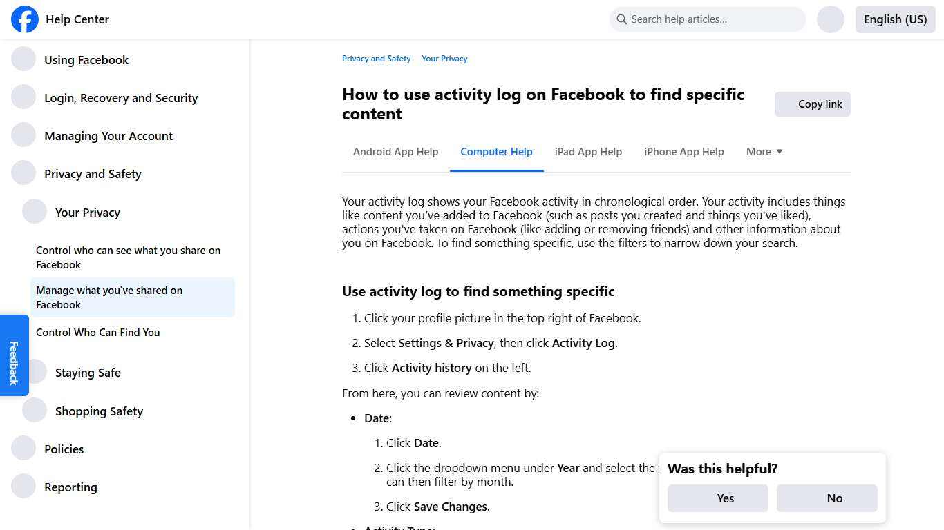 How to use activity log on Facebook to find specific content Facebook Help Center